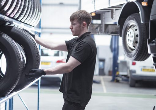 Wiley-Insurance-worker-choosing-tire-for-auto